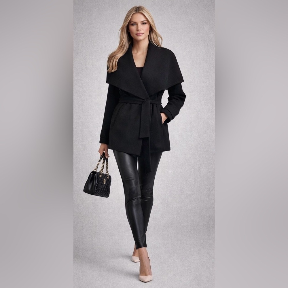 Ted Baker Black Wrap Coat Belted Wool Jacket Size 4